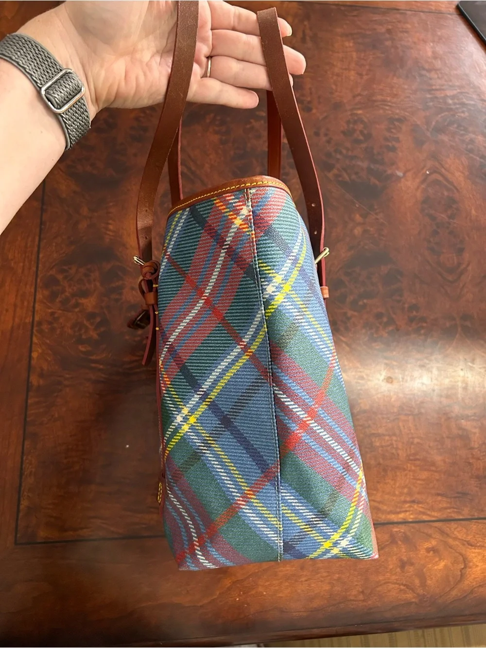 Vintage Dooney & Bourke Windsor Tartan Plaid Tote Bag Made USA Leather Trim Duck